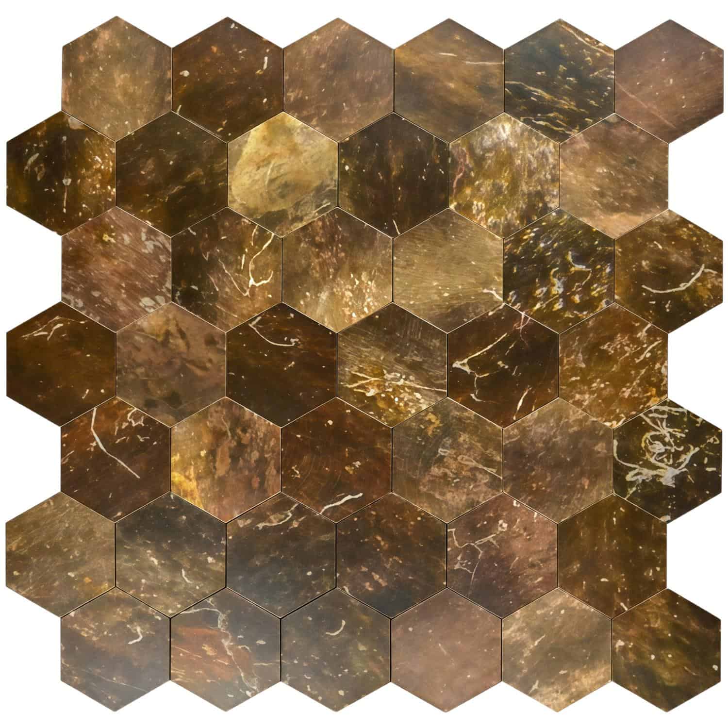 Hexagon peel and stick tile with a marble-like finish for easy wall and backsplash updates.