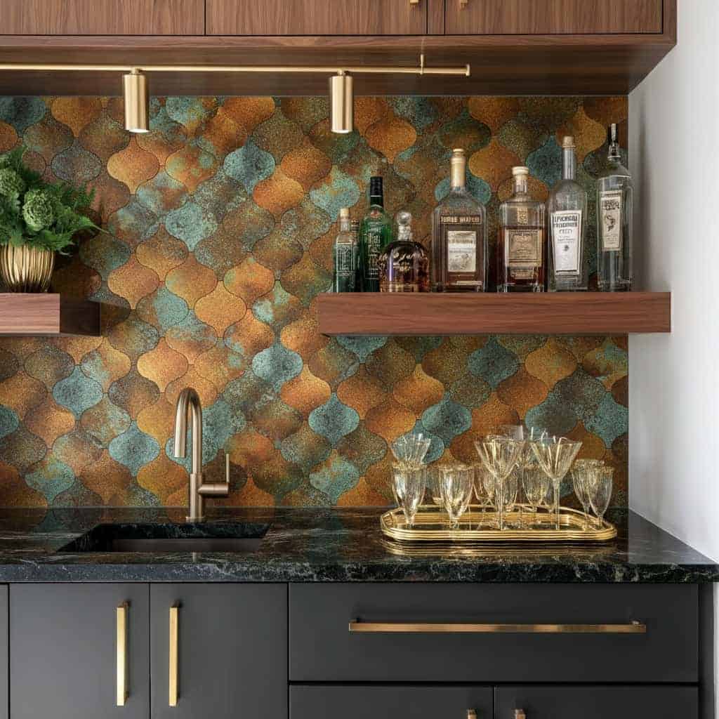 Removable peel and stick wall tile in a colorful geometric pattern.