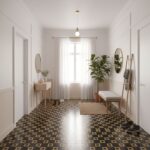 Elegant black and gold geometric patterned floor tile with a matte finish, perfect for modern and stylish home interiors.