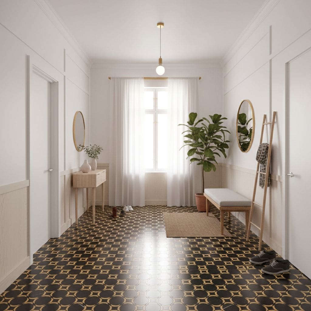 Elegant black and gold geometric patterned floor tile with a matte finish, perfect for modern and stylish home interiors.