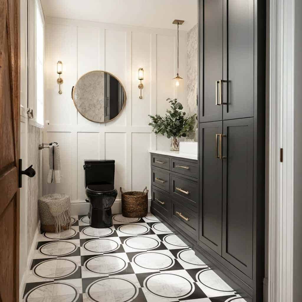 Black and white geometric patterned floor tiles with a matte finish in a modern bathroom.