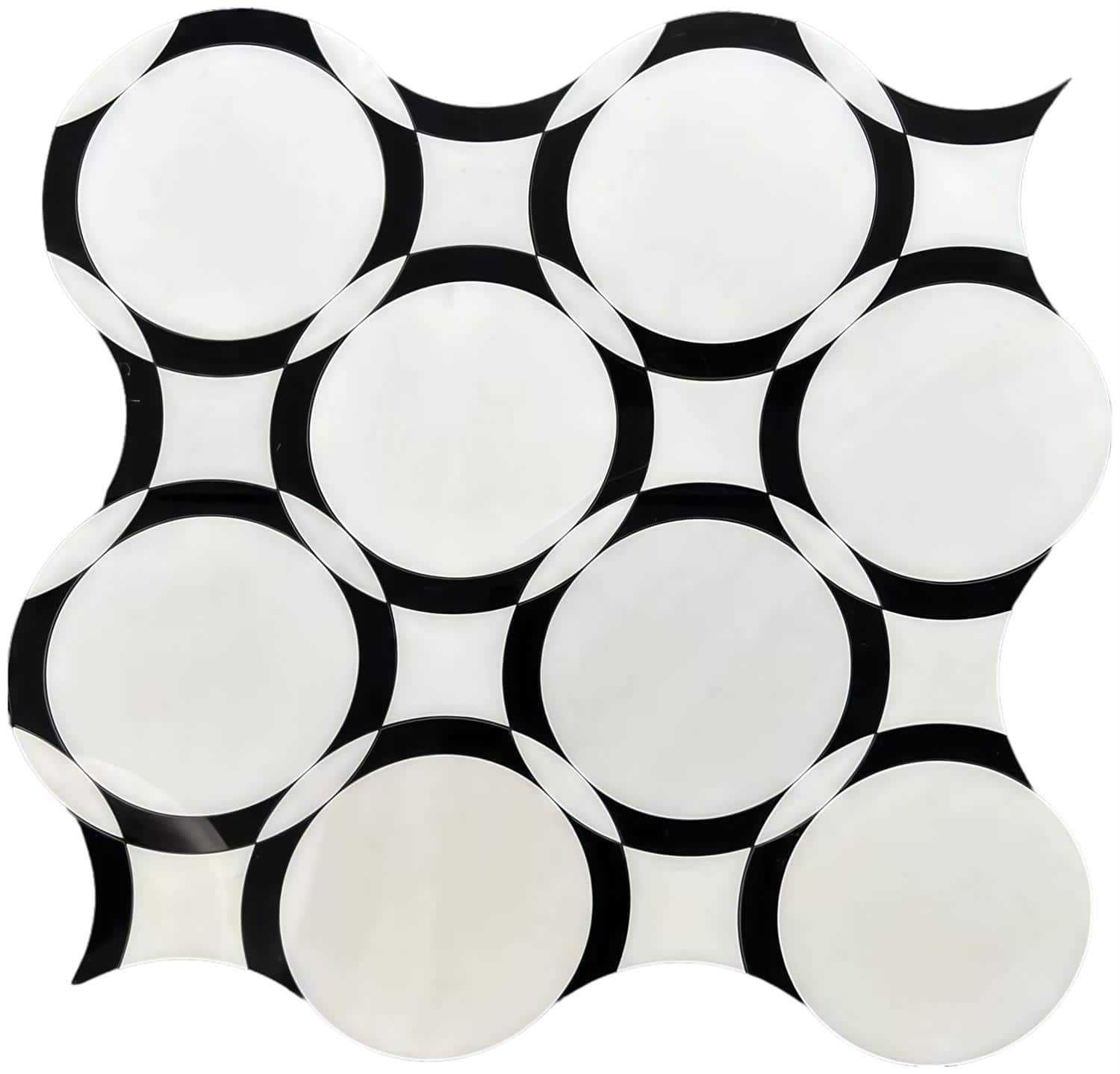 Bright white ceramic tile with bold black geometric patterns, smooth texture, and glossy finish.