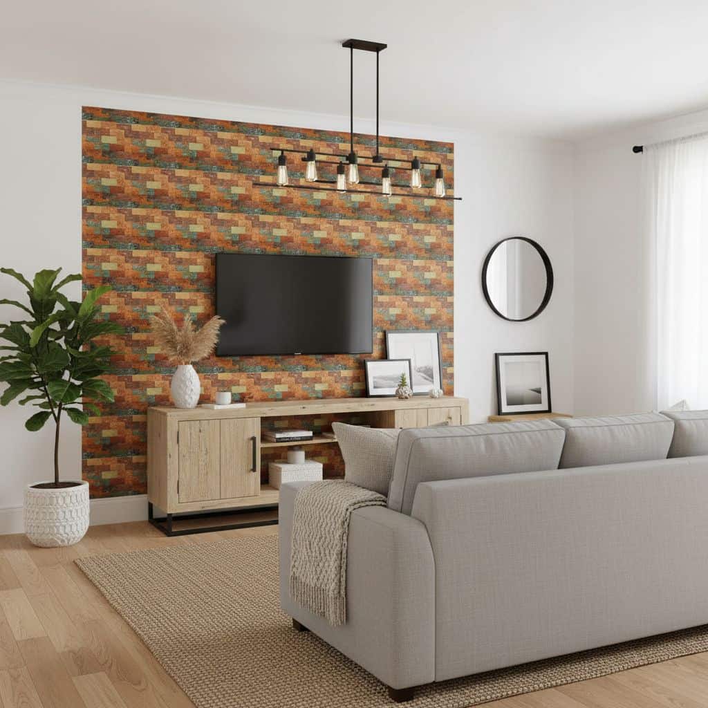 Modern living room with peel and stick wall tile behind TV, adding texture and color to the space.