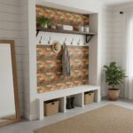 Up of peel and stick tile wall with hooks and decor in entryway.
