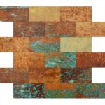 Peel and stick tile backsplash with rustic, weathered wood and turquoise accents for easy home decor updates.
