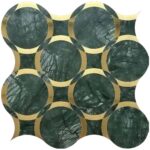 Green marble tile with gold accents, smooth texture, and circular design.