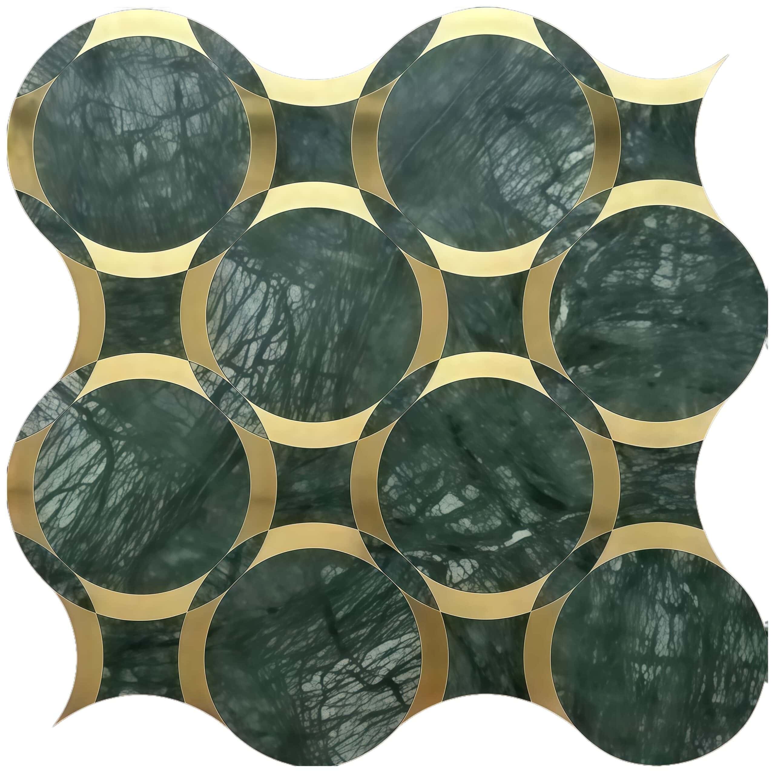 Green marble tile with gold accents, smooth texture, and circular design.