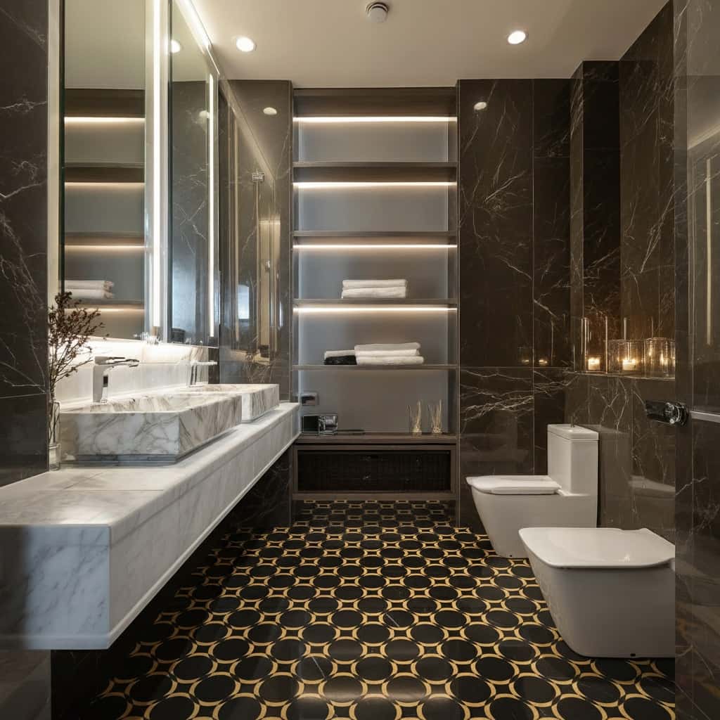 Elegant black and gold patterned ceramic tiles in a modern bathroom setting.