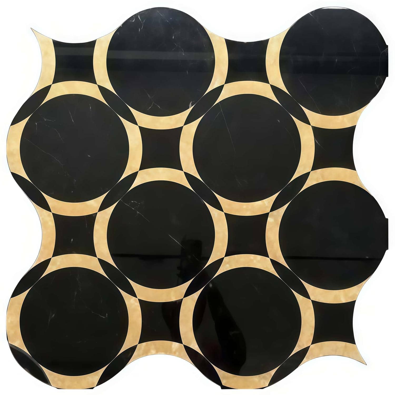 Black and beige circular patterned tile with a glossy finish and modern geometric design.