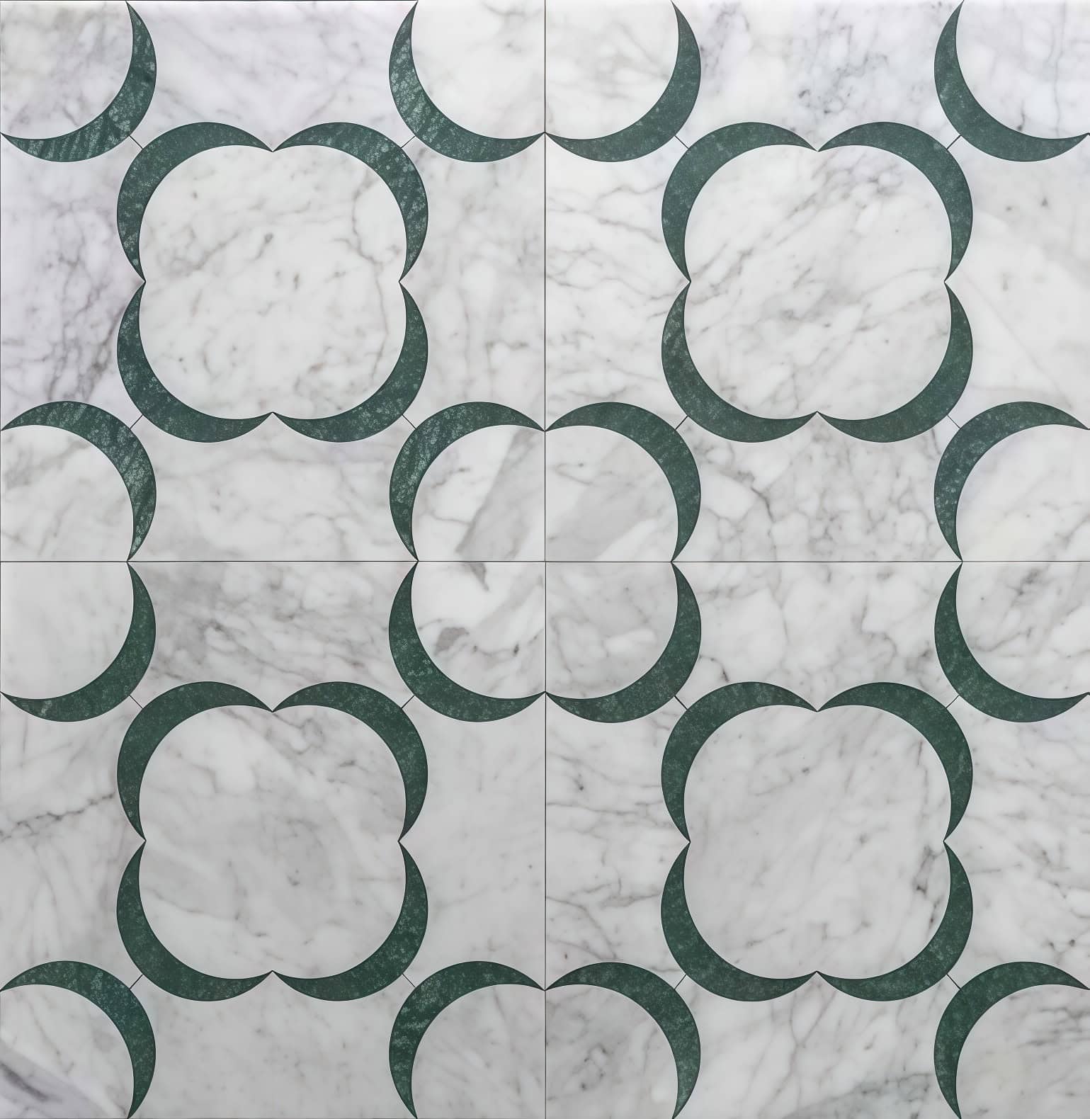 Marble tile featuring a white and gray marble background with a green crescent-shaped pattern. Elegant and modern design suit.
