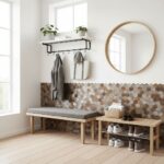 Decorative peel and stick tile wall in a modern entryway.