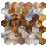 Close-up of rusted metal hex tiles for peel and stick wall or backsplash decor.