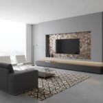 Image of a contemporary living room featuring peel and stick wall tile behind a flat-screen TV.