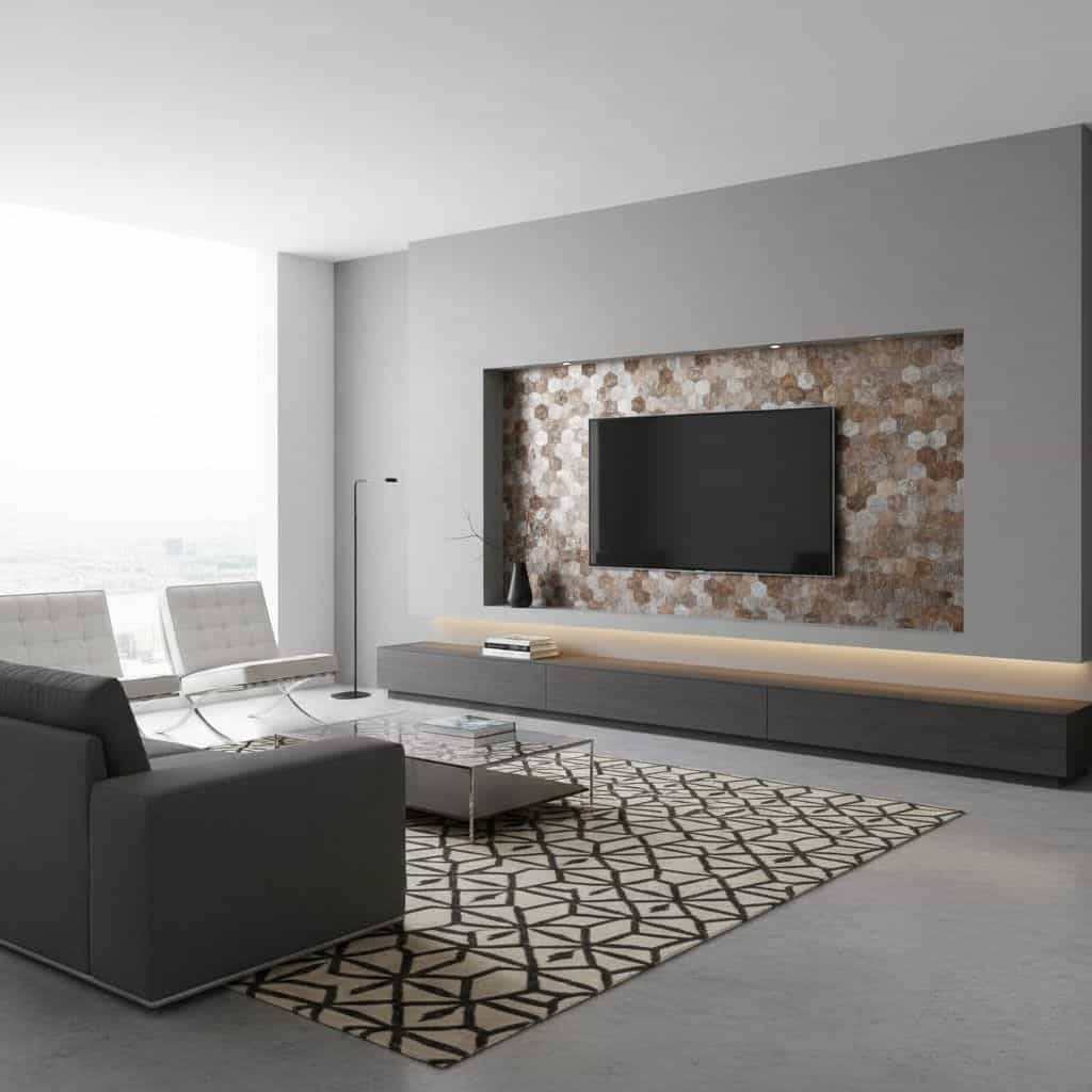 Image of a contemporary living room featuring peel and stick wall tile behind a flat-screen TV.