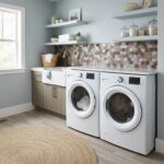 Laundry room featuring peel and stick wall tile backsplash above washer and dryer.