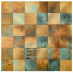 Image of colorful peel and stick wall tiles with a rustic, textured appearance in shades of blue, brown, and beige.