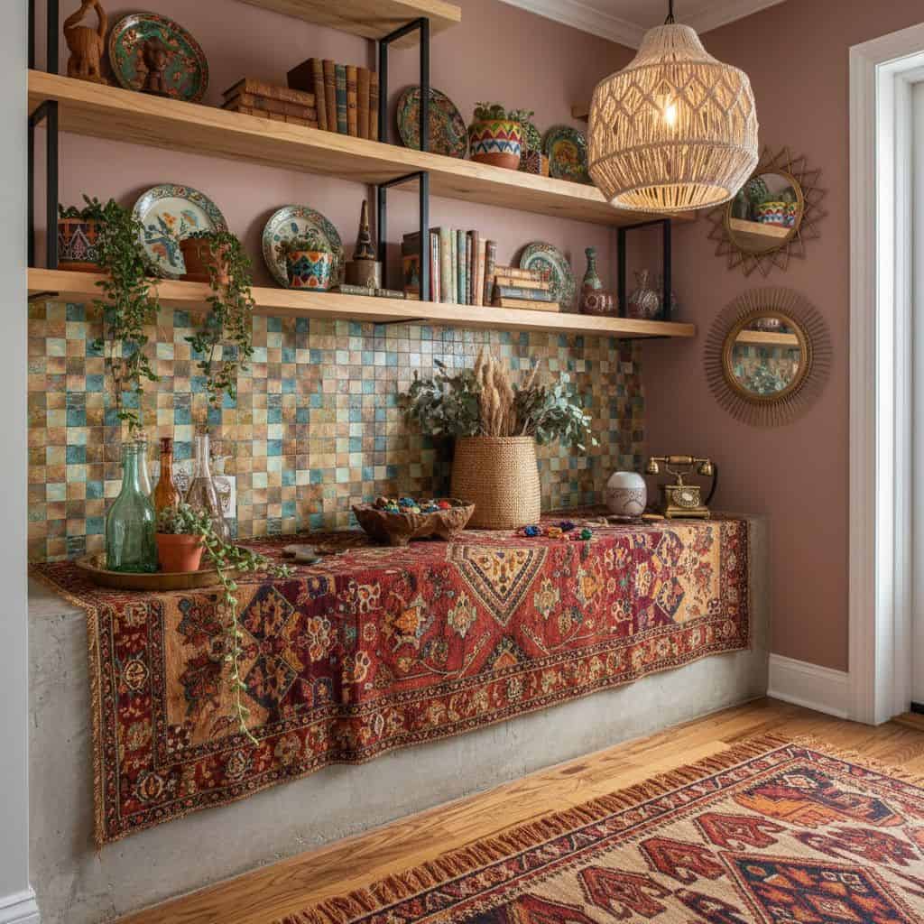 Peel and stick tile backsplash with colorful mosaic design on a living room wall. Perfect for easy home updates and stylish w.