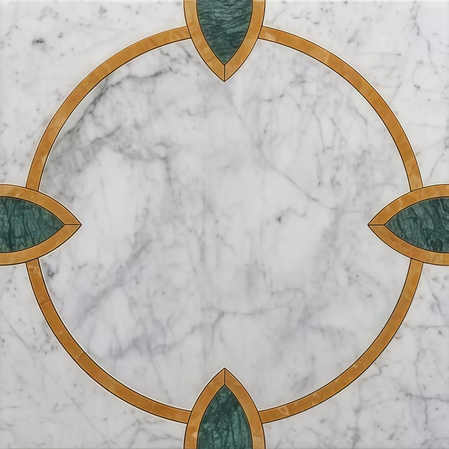 A detailed view of a marble floor with green tile accents and gold inlay, showcasing elegant craftsmanship and luxurious mate.