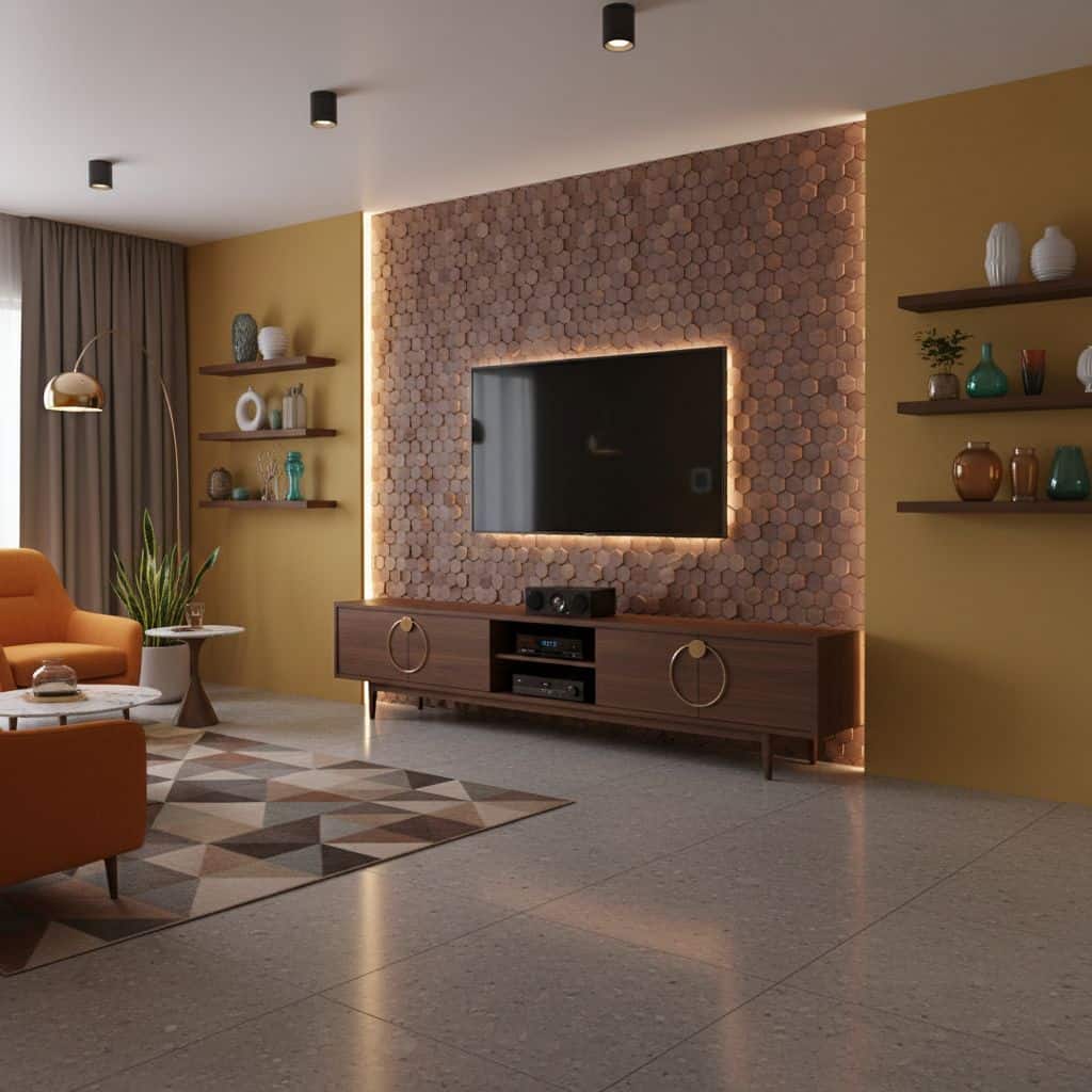 Decorative hexagonal tile wall in warm earthy tones behind a flat-screen TV. The room features a cozy seating area with orang.