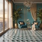 Bright blue textured tiles with a glossy finish and geometric pattern.