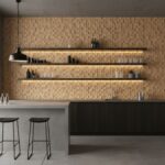 Beige wood textured tile wall with a smooth finish, used as a decorative backsplash in a contemporary kitchen setting.