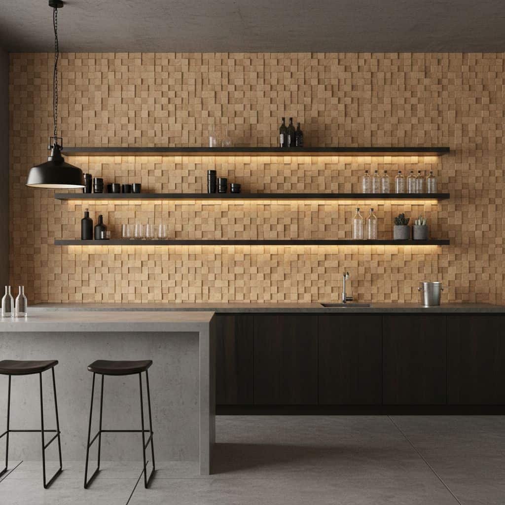 Beige wood textured tile wall with a smooth finish, used as a decorative backsplash in a contemporary kitchen setting.