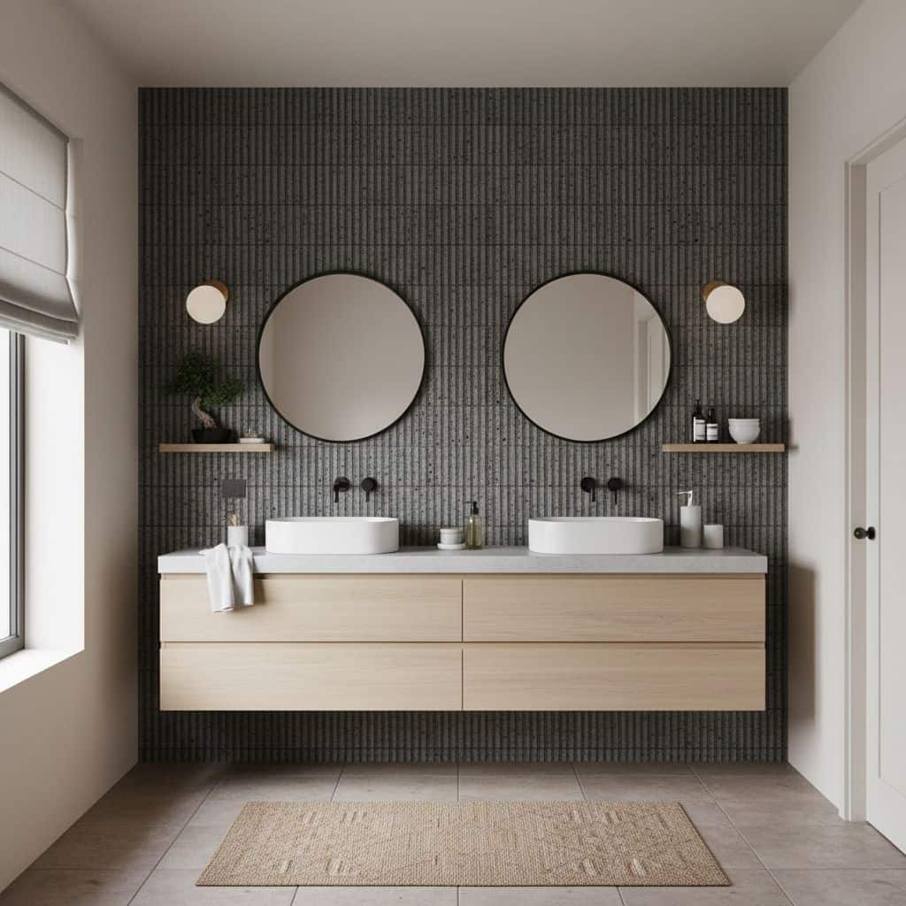 Black textured ceramic tiles with a matte finish, covering the bathroom wall behind the double sinks.