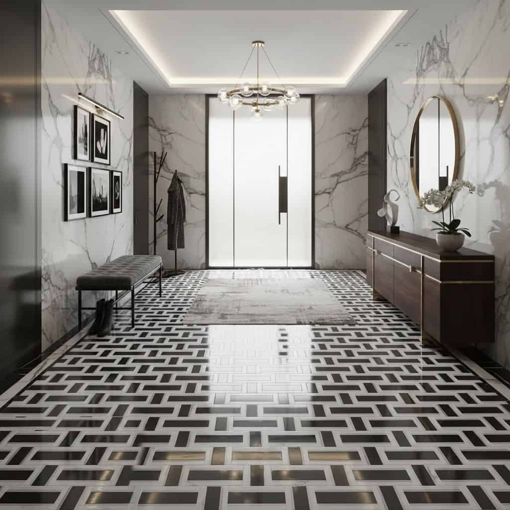 Elegant black and white geometric patterned tiles with marble walls and contemporary decor.