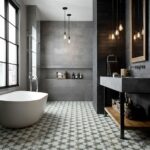 Gray textured ceramic tiles, matte finish, with patterned floor tiles.