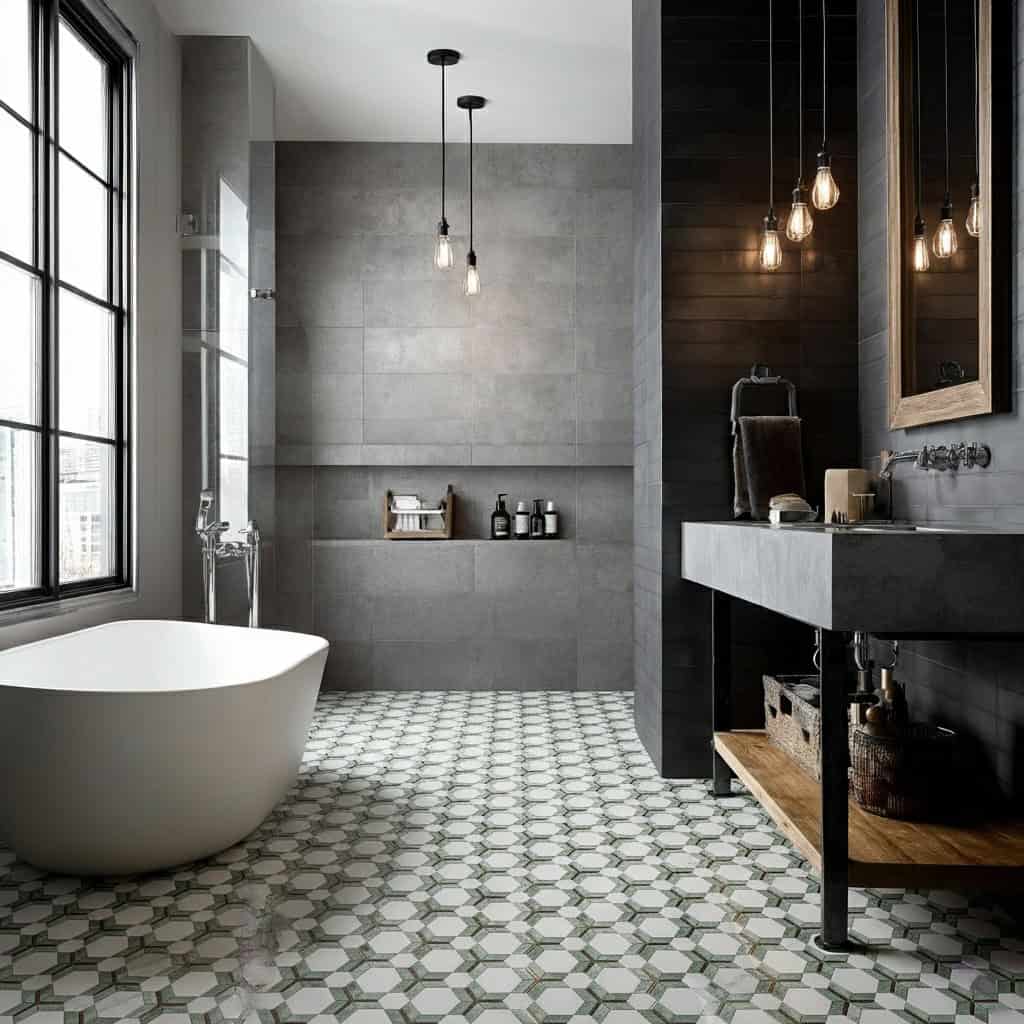 Gray textured ceramic tiles, matte finish, with patterned floor tiles.