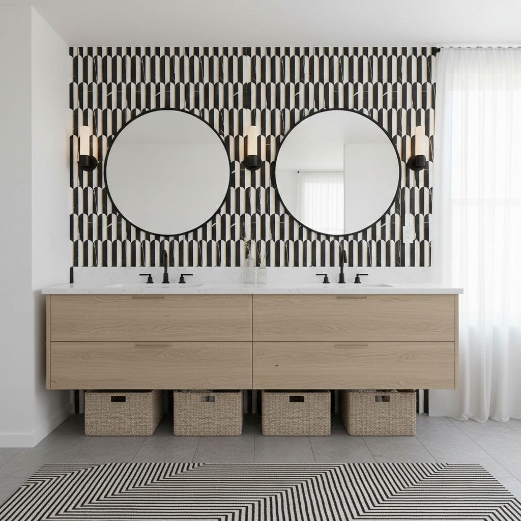 bathroom mirror backsplash scalloped black white peel stick tile