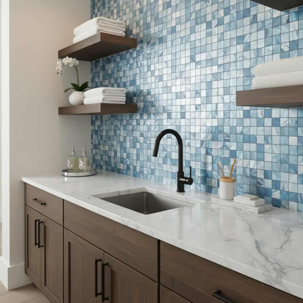 Modern kitchen with blue seashell tile backsplash, marble countertop, and wooden cabinets.