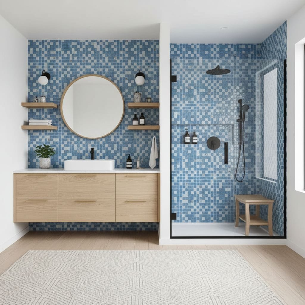 Blue glass tile backsplash in bathroom with shower and vanity.