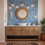 Blue glass tile backsplash with wooden vanity, mirror, and warm lighting in a contemporary bathroom.