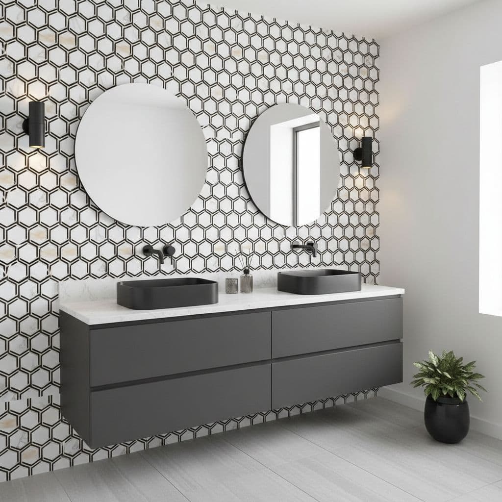 Two round mirrors above black vessel sinks with peel and stick tile backsplash.