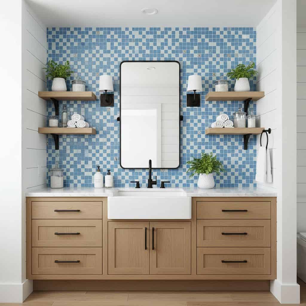A modern bathroom featuring a vibrant blue glass tile backsplash behind the sink, complemented by wooden cabinetry and decora.
