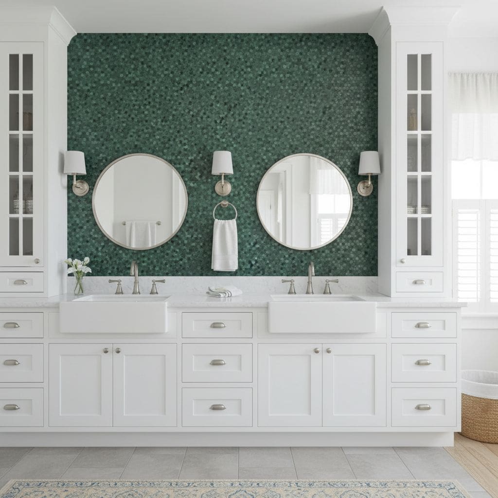 A modern bathroom featuring peel and stick wall tiles in a deep green color, complemented by white cabinetry and round mirror.