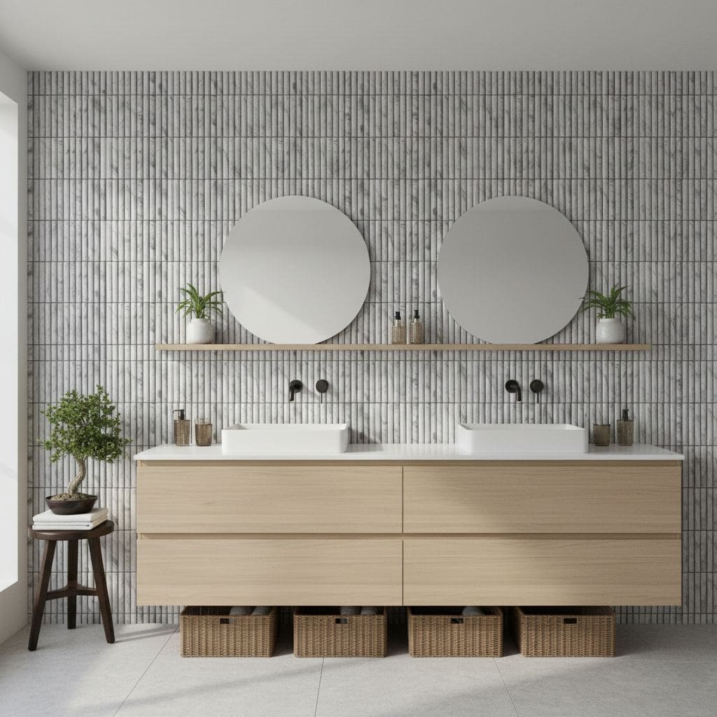 Beige wood vanity with two round mirrors, potted plants, and a textured gray tile wall in a bathroom setting.