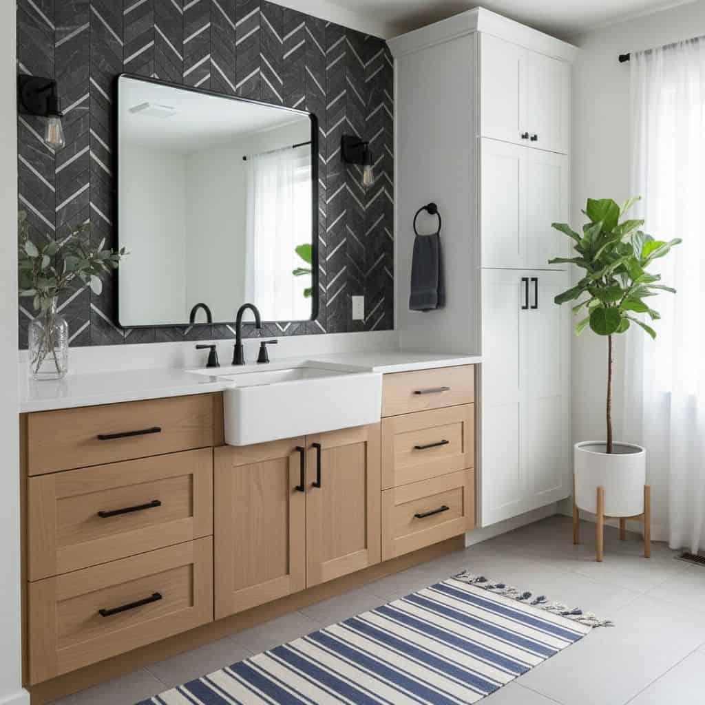 Mirror with Black Frame and Wall Sconce.