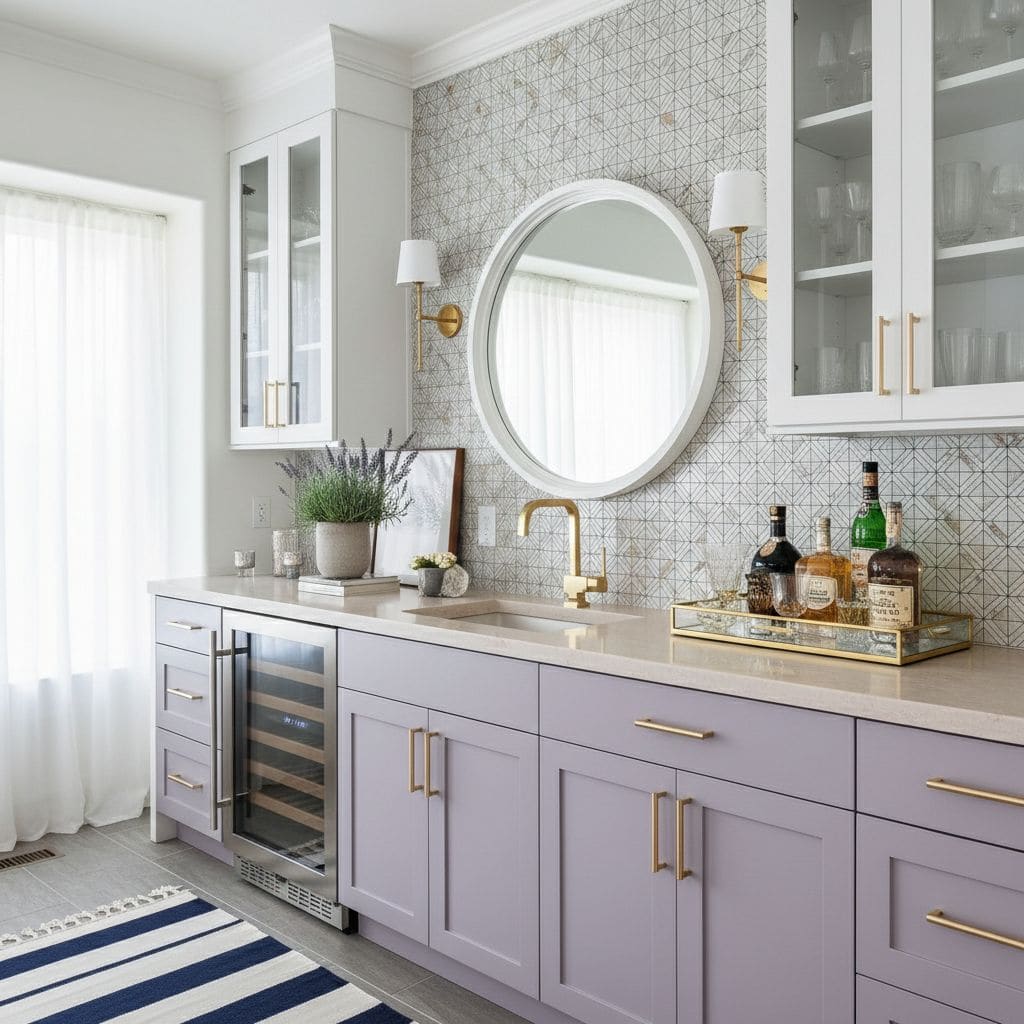 Bright kitchen with peel and stick wall tile backsplash, white cabinetry, and gold accents.