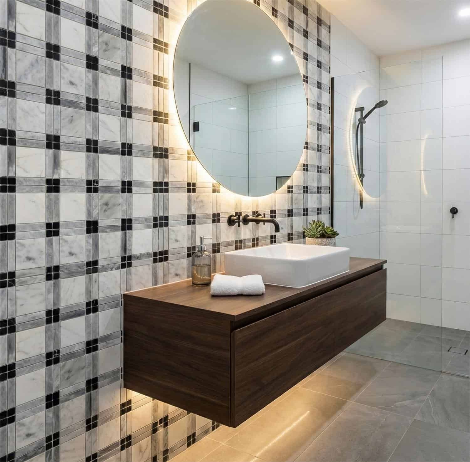 Black and white checkered ceramic tiles with a smooth finish and textured pattern.