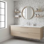 Peel and stick tile backsplash in a modern bathroom with hexagon pattern, floating shelves, and minimalist design. Easy DIY r.