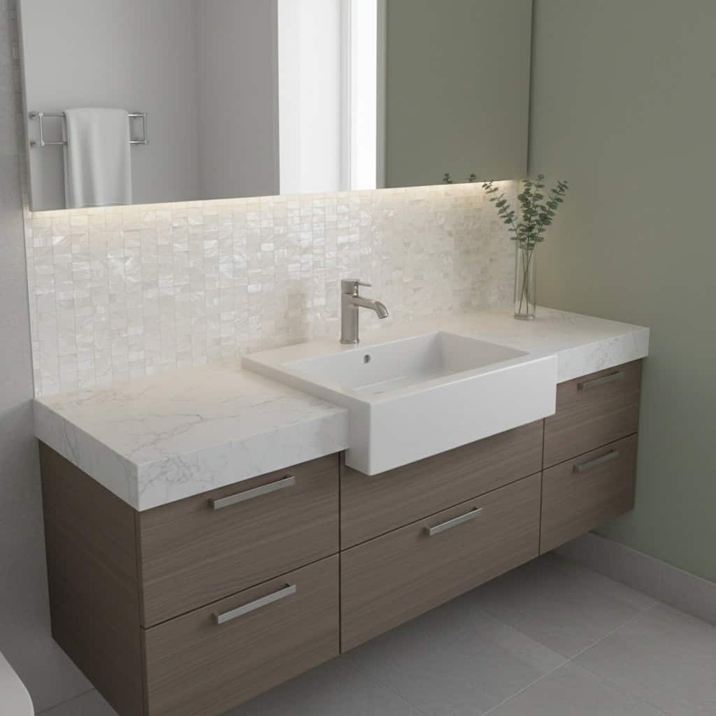 Bathroom vanity with shell tile backsplash and modern sink.