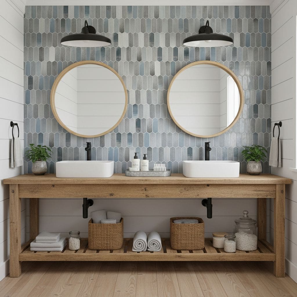 Two round mirrors above a wooden vanity with vessel sinks and black fixtures.