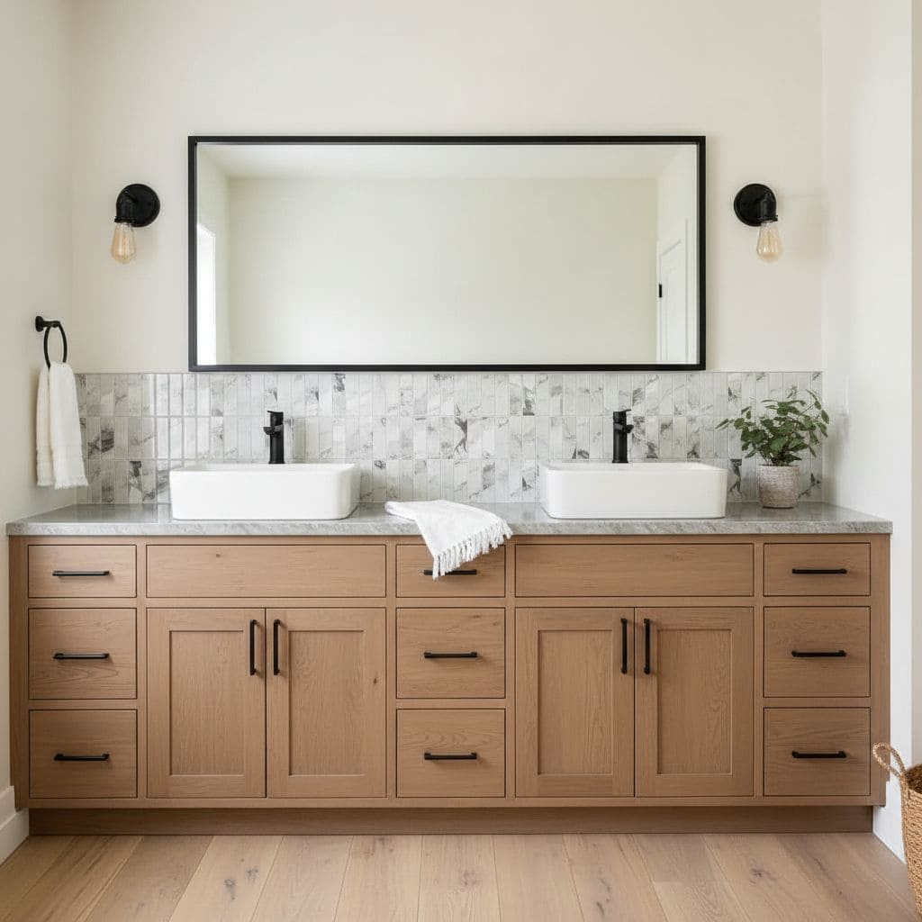 Bathroom vanity with glass tile backsplash and contemporary design.