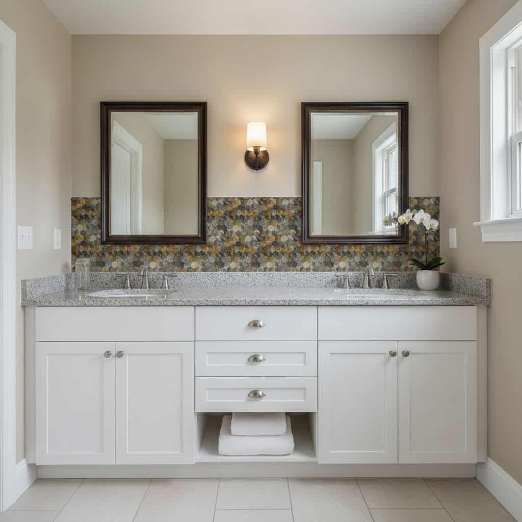 Bathroom vanity with two mirrors and peel and stick tile backsplash, modern design.