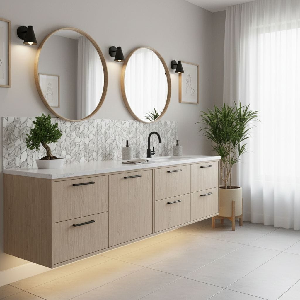 Two round mirrors above a modern bathroom vanity with peel and stick tile backsplash.
