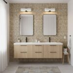 Modern bathroom with peel and stick tile backsplash, double mirrors, and minimalist decor.