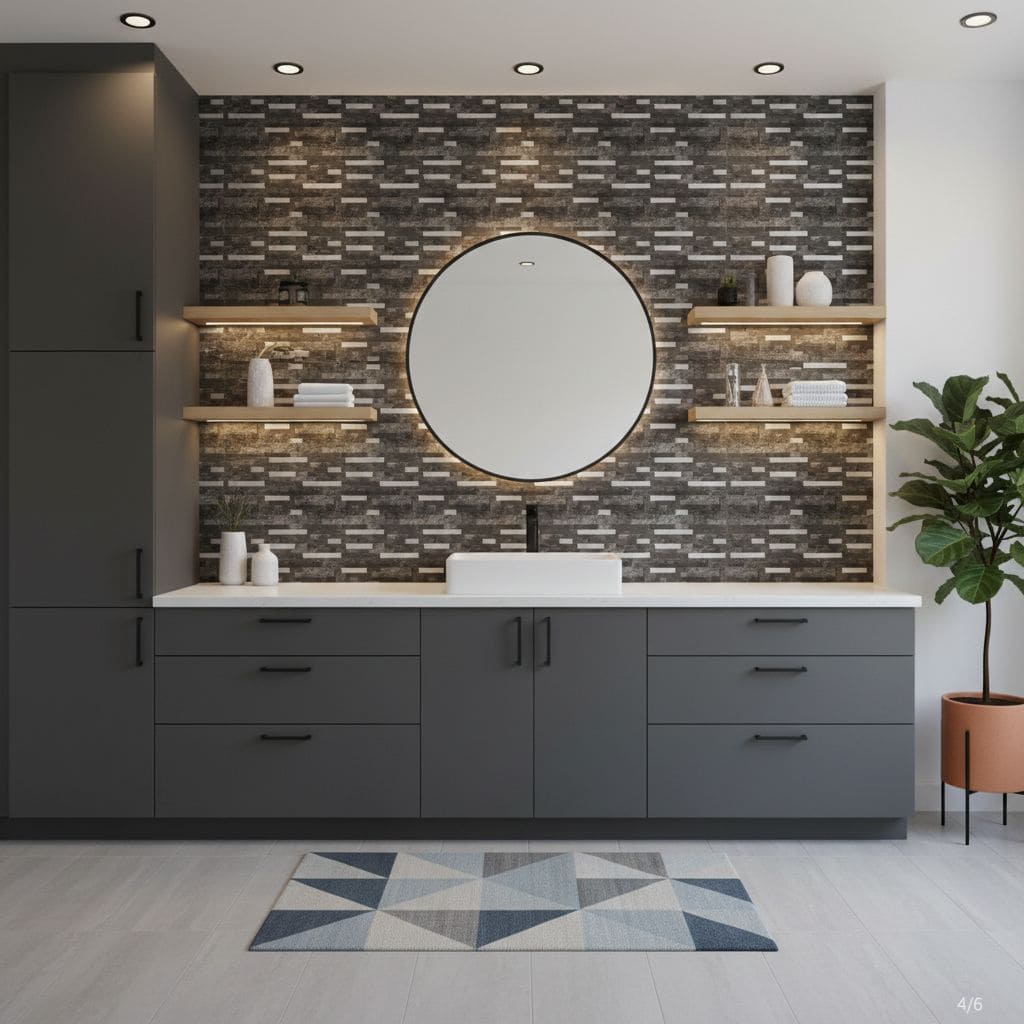 Modern bathroom vanity with peel and stick wall tile, round mirror, and decorative shelves.