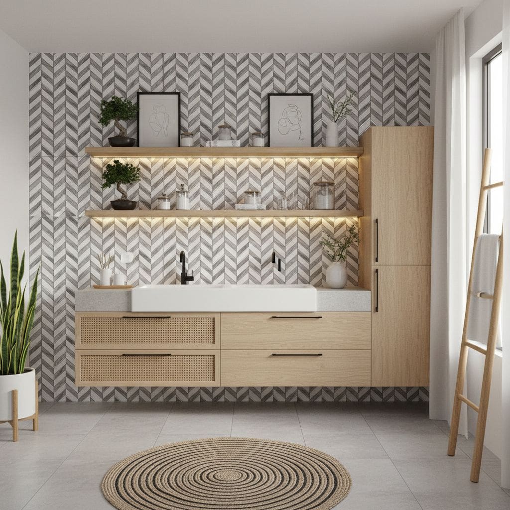 Modern kitchen with peel and stick tile backsplash and wooden cabinetry.